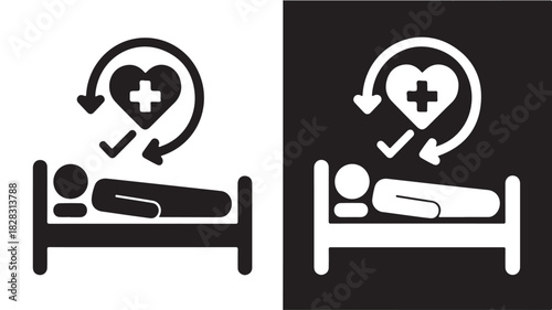 Patient in hospital bed icon medical care and recovery symbol vector illustration isolated on white and black background
