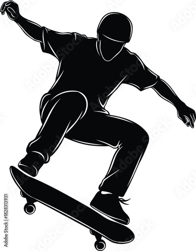 Black silhouette of a skateboarder performing a trick on a white background vector