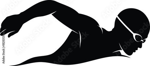 Black silhouette of a swimmer with goggles in motion white water