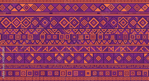 Vibrant seamless tribal ethnic pattern featuring a variety of geometric shapes and contrasting purple and orange colors.