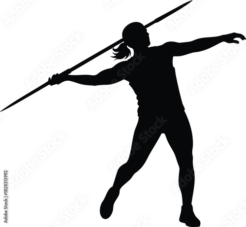 Black silhouette of a woman throwing a javelin on a white background athlete