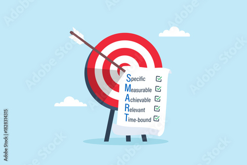 Flat illustration of arrow hitting bullseye target while carrying SMART goals checklist symbolizing goal setting strategic planning precision focus and structured achievement strategy