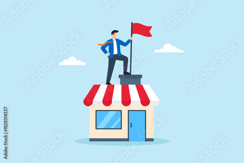 Flat illustration of businessman standing proudly on shop roof planting flag symbolizing entrepreneurship success small business growth leadership ambition and achieving goals through hard work