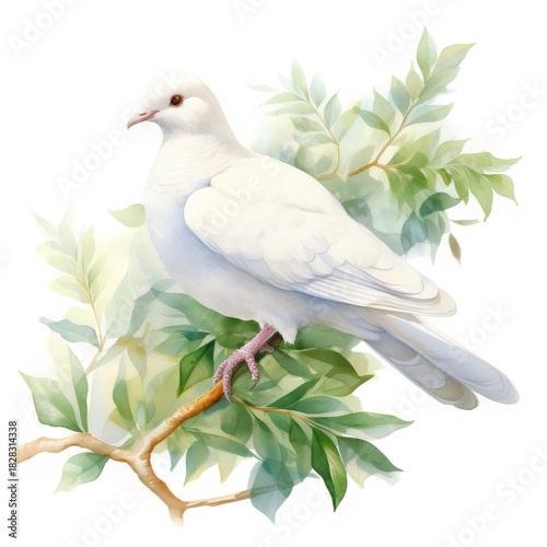 白い鳩が緑の葉の枝にとまる