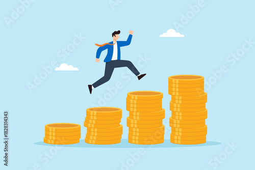 Flat illustration of businessman jumping upward across stacked gold coins symbolizing financial growth career success wealth building investment progress and climbing toward higher prosperity