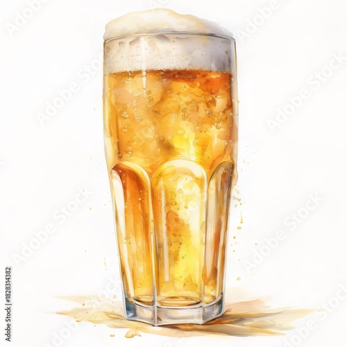 ビールグラス 泡立つ琥珀色の飲み物 白背景