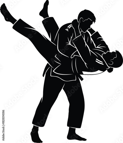 Two black silhouettes of judo athletes in motion performing a throw martial sport