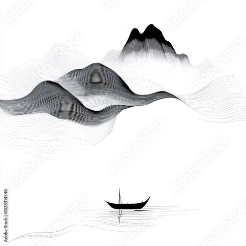 山水画風の風景に浮かぶ小舟