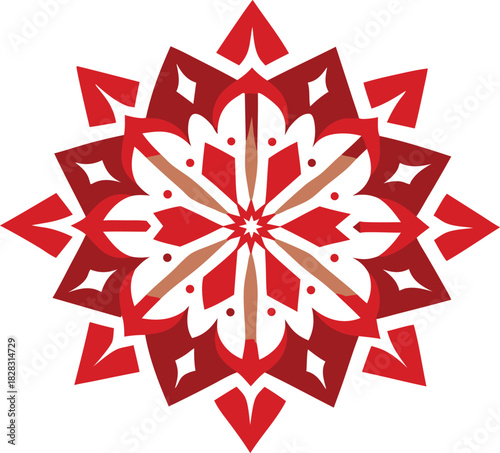 Intricate red and white geometric starburst snowflake design