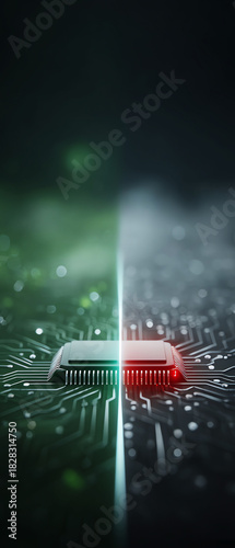 Dramatic microchip on an electronic circuit board. green and red processor technology with computer light shows futuristic concept