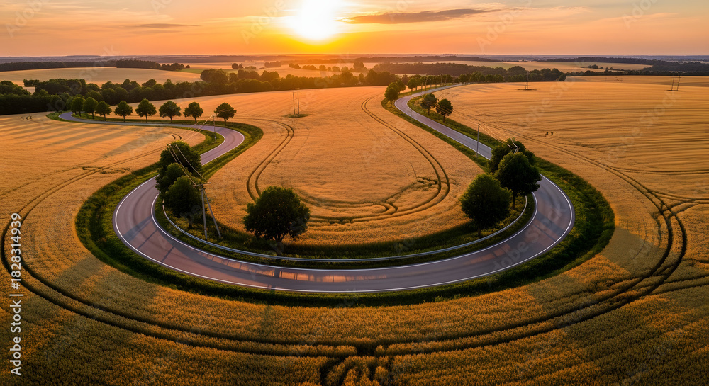 Fototapeta premium Winding Road through Golden Wheat Fields Aerial View Landscape Asphalt Highway Route