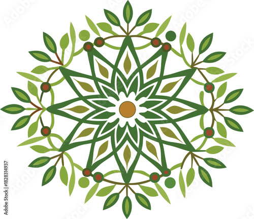 Intricate green mandala pattern with leaves and floral elements