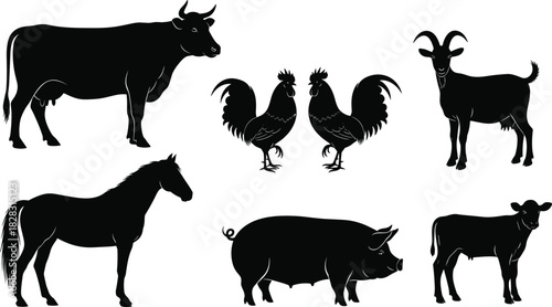 Farm Animal Silhouettes Collection Featuring Cow, Horse, Pig, Goat, Rooster, Calf in Black Vector Style for Rural Design Use