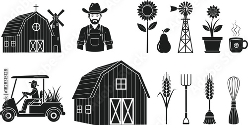 Farm life vector set with barn, farmer, tools, plants, windmill, agriculture icons, black and white rural illustration pack