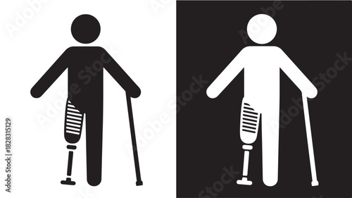 Disabled person icon with prosthetic leg and walking stick vector illustration in black and white symbol for accessibility and inclusion