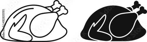 Minimalist roasted turkey icon set in black and white style for Thanksgiving, cooking, poultry, food design, and holiday graphics.