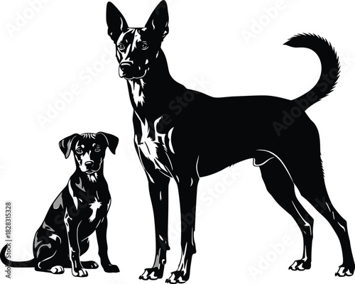 Stylized black and white vector illustration of two dogs in contrasting poses, showcasing alertness and calmness with graphic shading details.