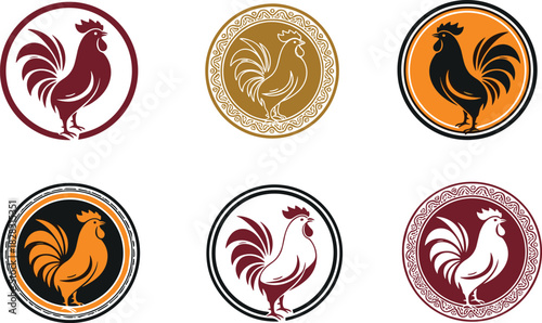 Stylized rooster vector icons in circular frames with bold color contrast, ideal for branding, farm logos, vintage design, and packaging.