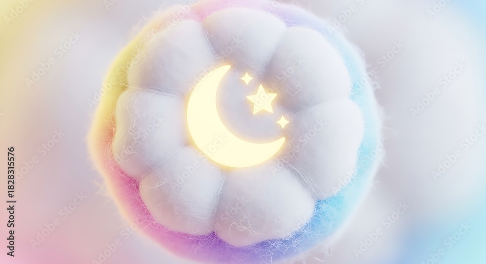 Fototapeta premium Dreamy ramadan decoration pastel colored cotton ball cloud with crescent moon and star