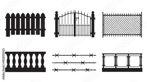 Set of fence silhouettes including picket wrought iron and barbed wire vector illustration for security and boundary design