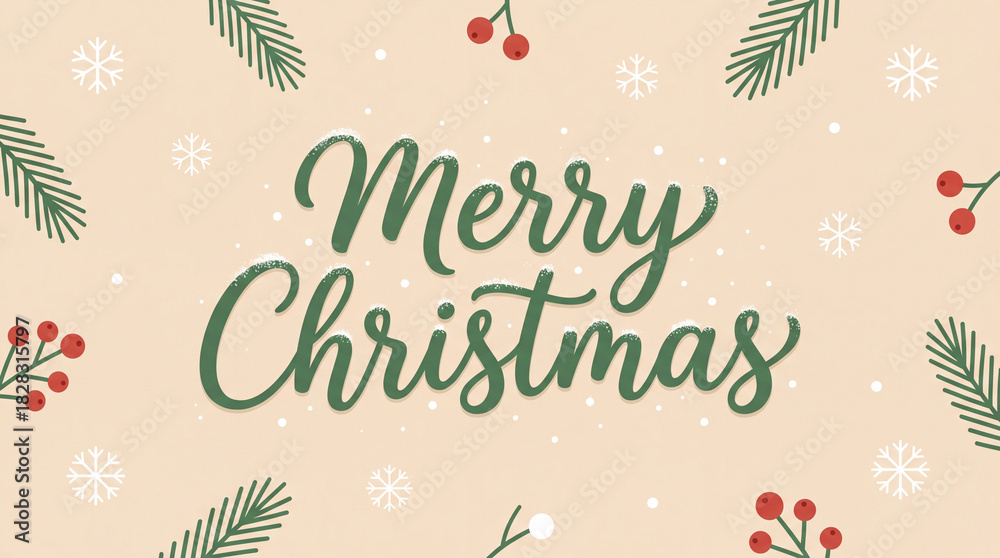 Obraz premium Merry christmas greeting card design with festive pine branches, red berries, and snowflakes on a beige background