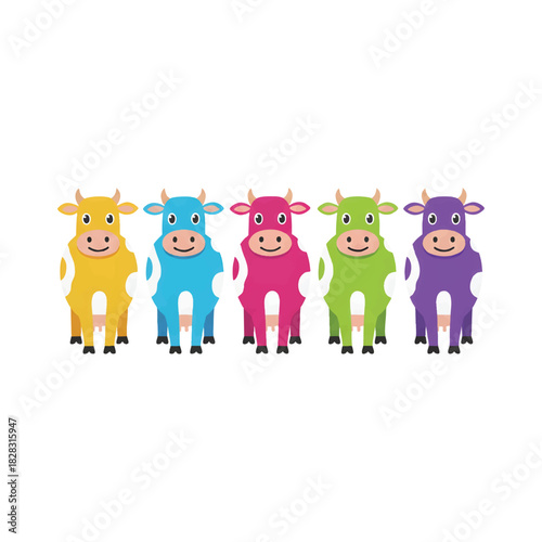 Five Colorful Flat Design Cows Vector Set - Cute Farm Animals