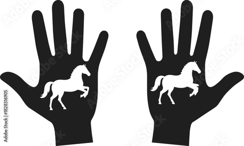 Black silhouette hands with white prancing horse inside palms, mirrored animal pose, symbolic contrast, vector art for creative design