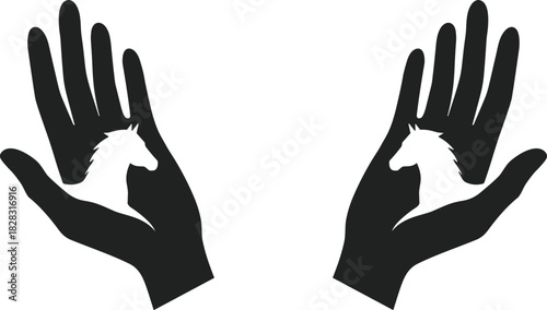 Black Silhouette Hands Holding White Horse Heads Facing Each Other Symbolizing Protection, Care, Connection, Animal Love, and Human Bond