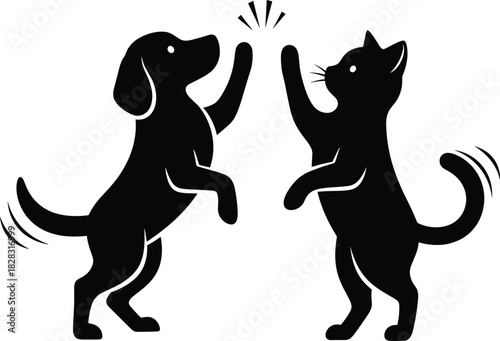Dog and cat high five silhouette, playful pet friendship vector, animal teamwork, black and white illustration for stock content