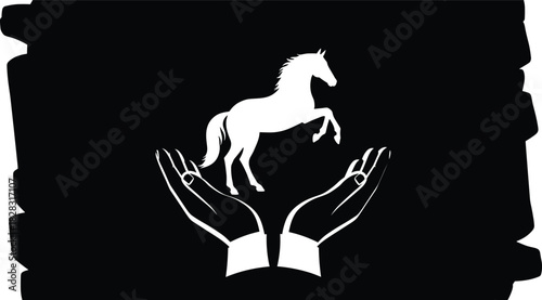 Silhouette horse standing on hands, black and white vector illustration symbolizing trust, protection, strength, care, and human-animal bond