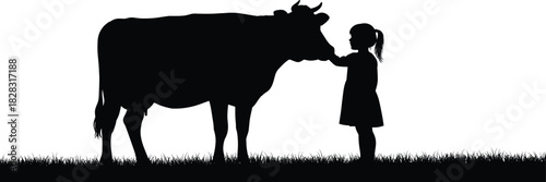 Silhouette of Child Touching Cow on Grass in Rural Scene, Peaceful Farm Life Moment, Animal Bond, Nature Connection Vector
