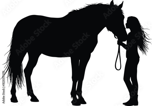 Silhouette of person bonding with horse, emotional connection, animal care, equestrian love, peaceful moment, black vector illustration art