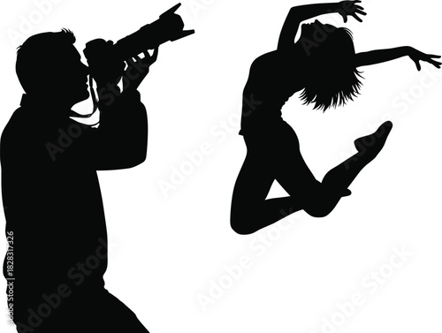 Silhouette of Photographer Capturing Dynamic Jumping Dancer in Motion – Artistic Expression, Performance, Creativity, Energy, and Visual Storytelling Concept