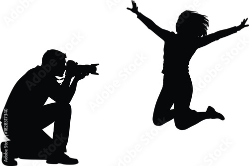 Silhouette of Photographer Capturing Jumping Woman in Mid-Air Pose with Flowing Hair on White Background – Energetic Action Moment