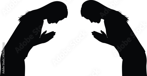 Silhouette of two people bowing with hands together in respectful greeting pose, symbolizing Asian culture, prayer, and mutual respect.