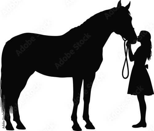 Silhouette of woman with horse in peaceful moment, animal companionship, trust, equestrian bond, black vector art for stock illustration