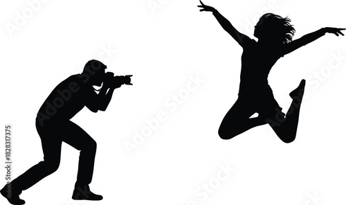 Silhouette photographer capturing dynamic jump pose of athlete in motion, outdoor action moment, expressive movement, black and white vector art