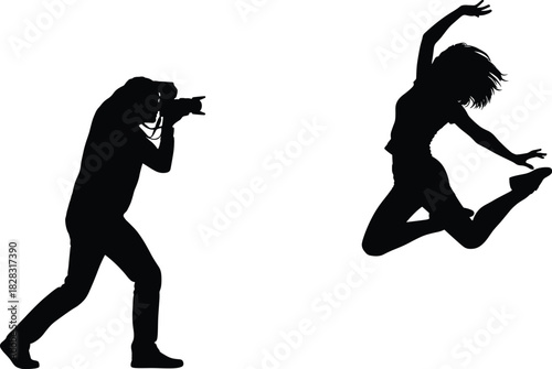 Silhouette photographer capturing jumping dancer in motion, dynamic pose, expressive movement, artistic contrast, black and white vector illustration concept