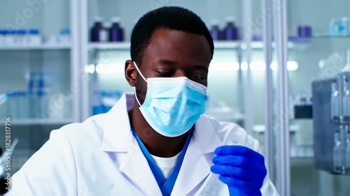 African American Scientist Working in a Pharmaceutical Research Laboratory with Vials