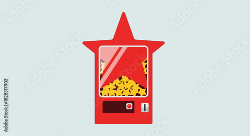 A cartoon image of a red vending machine shaped like a star with yellow objects inside