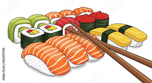 A colorful cartoon illustration showcasing a variety of sushi rolls and nigiri pieces served with