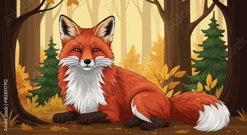 A charming illustration featuring a red fox resting amidst an autumnal forest scene