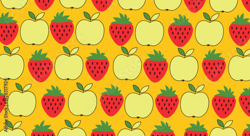 Seamless repeating pattern of cute cartoon strawberries and light green apples arranged in rows on a bright yellow-orange background.