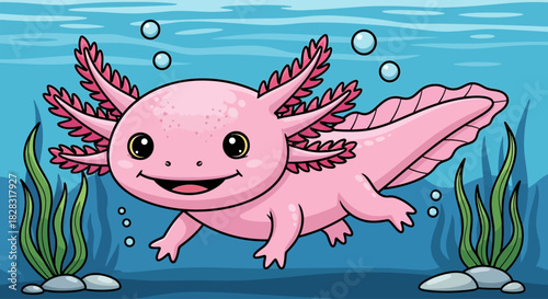 A Cartoon Illustration of a Cute Pink Axolotl Swimming Underwater with Bubbles