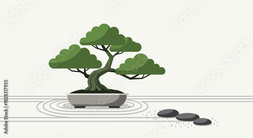 Zen garden with bonsai tree and stones illustration representing tranquility and harmony