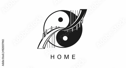 Yin Yang Balance Symbol with Bridge and Home Text for Logo Conceptualization