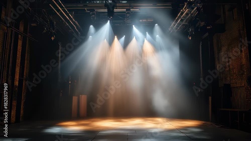 Stage lights illuminate an empty theatre, creating dynamic light effects and atmosphere, perfect