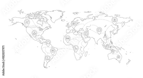 World travel route map with destinations and airplane icons representing global tourism
