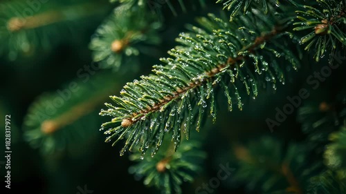Close-Up of Evergreen Branches with Water Droplets for Nature and Christmas Videos