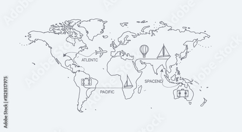 World travel destinations with line art illustration and connected travel icons with journey